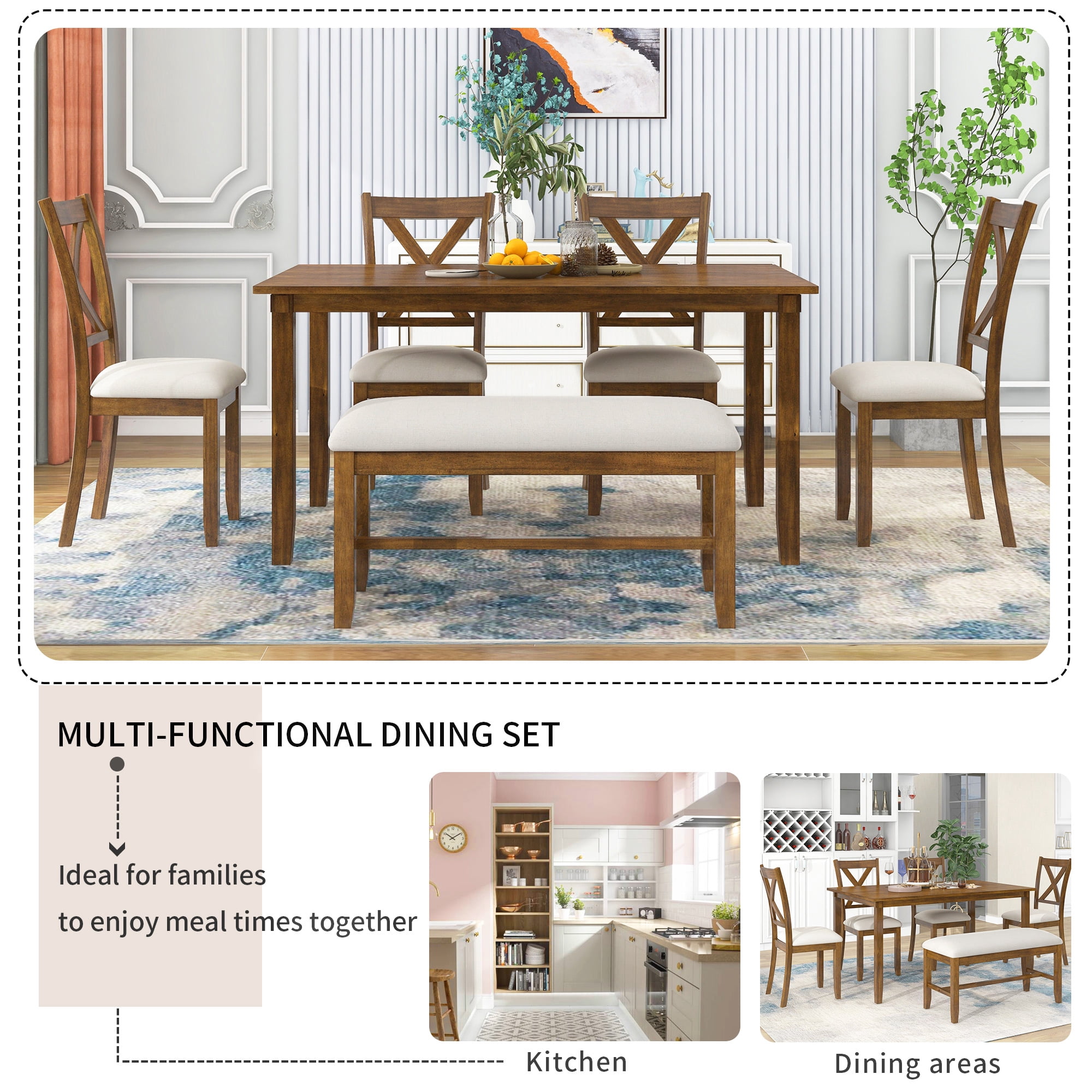 Howcool 6-Piece Kitchen Dining Set, Rectangular Wood Table, 4 Fabric Chairs & Bench, Natural Cherry