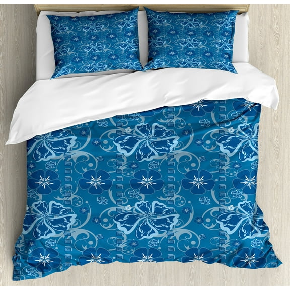 Luau Duvet Cover Set, Polynesian Nature Inspired Blue Art Pattern with Floral Motifs and Swirls, Decorative 3 Piece Bedding Set with 2 Pillow Shams, Queen Size, Petrol Blue Dark Blue, by Ambesonne