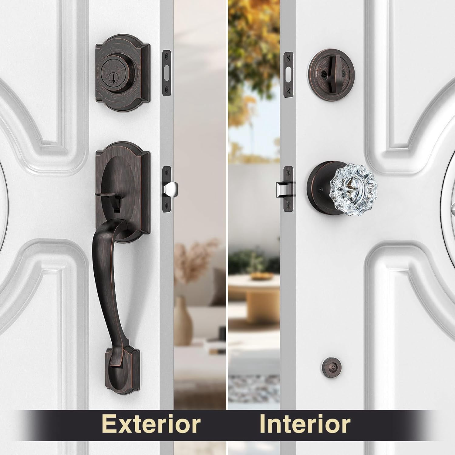 Vintage Front Door Handle and Deadbolt Set, Front Door Lock Set with Crystal Glass Door Knob, Entry Door Lock Set with Single Cylinder, Reversible for Right & Left, Oil Rubbed Bronze