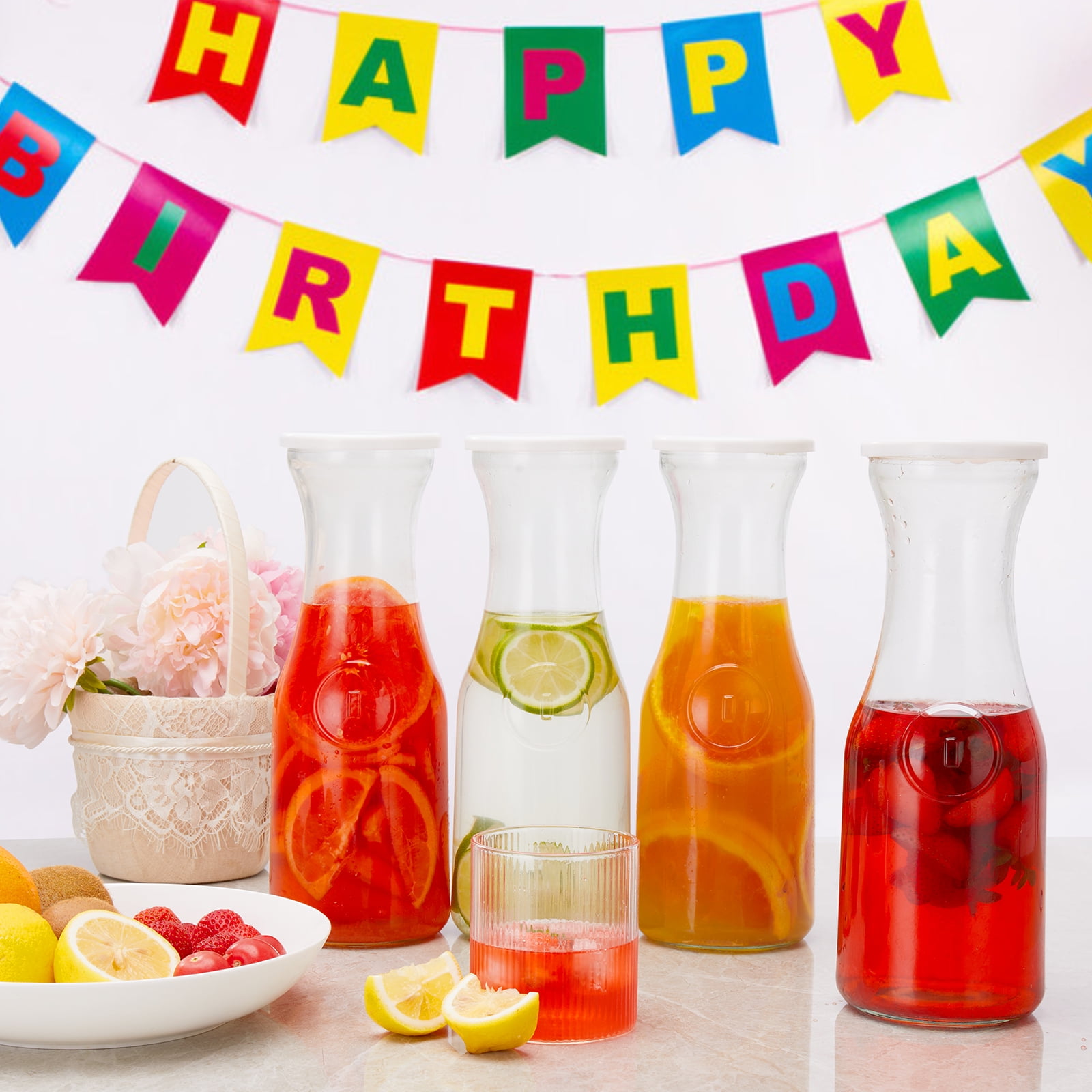 4 Pack Glass Carafe with Lid,35 oz Clear Glass Pitcher,Dishwasher Safe Beverage Drink Dispensers for Brunch, Party