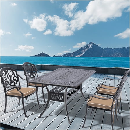 JERFIT 4-Piece Cast Aluminum Patio Dining Set with Table, Stackable Chairs & Brown Cushions for Outdoor Garden, Black