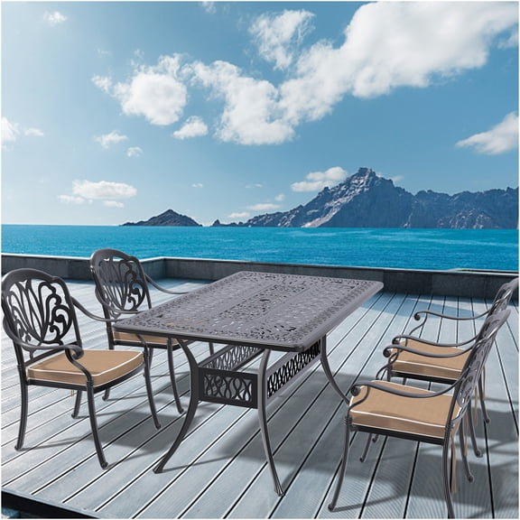 JERFIT 4-Piece Cast Aluminum Patio Dining Set with Table, Stackable Chairs & Brown Cushions for Outdoor Garden, Black