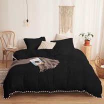 DNG Creations 5 Piece White Pom Pom Duvet Cover with Zipper Closure, 100% Egyptian Cotton, 800 Thread Cotton ( California King - Solid Black )