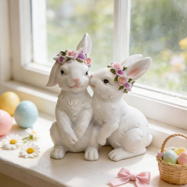 Easter Bunny Figurine Resin Rabbit Statue White 7.56in Tabletop Decor • Ceramic Look Ornament • Spring Easter Centerpiece for Living Room Bedroom