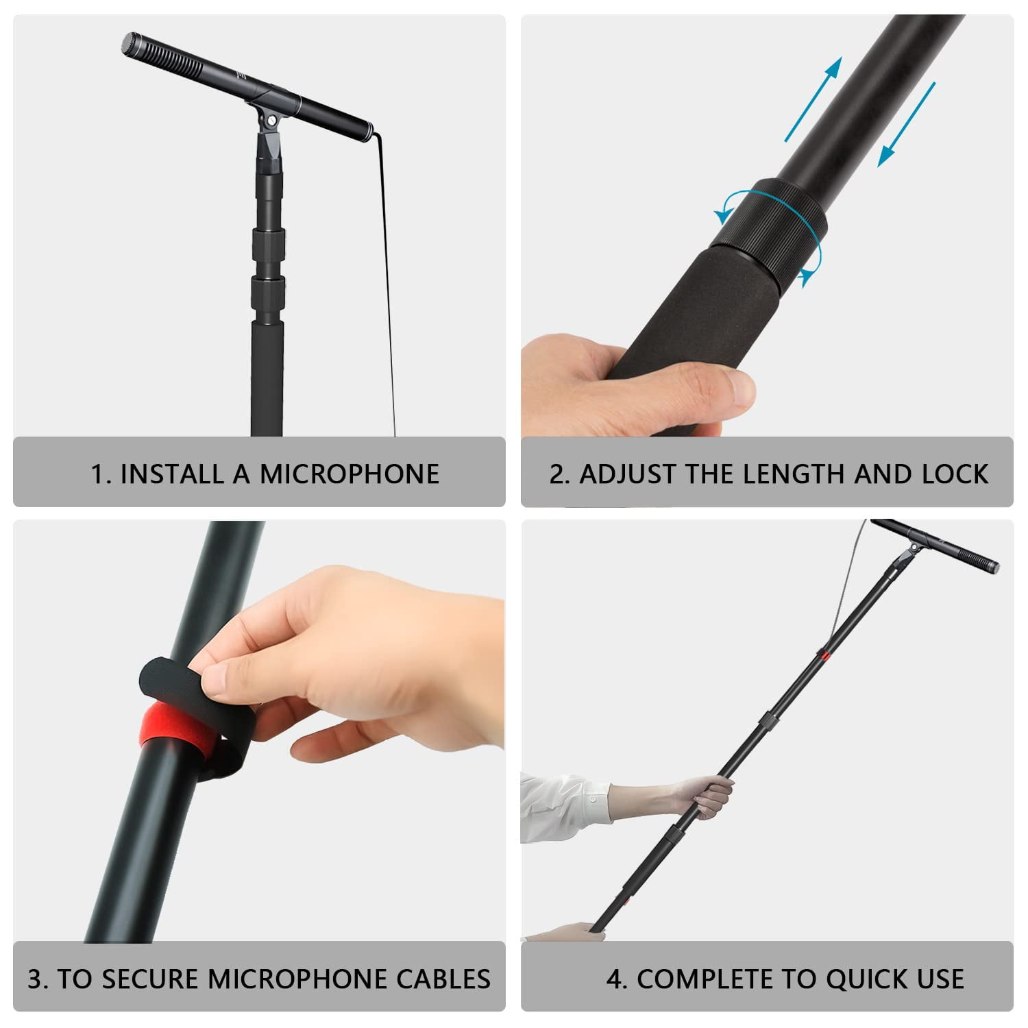 Portable Handheld Boom Pole for Shotgun Mic, 3-Section Extendable Microphone Arm for Filming with 3/8" and 5/8" Threads