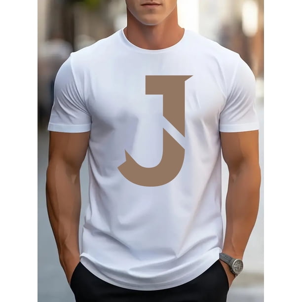 Simplified letters J pattern, Men's short sleeved round neck T-shirt, casual street style summer T-shirt