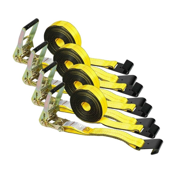 Mytee Products 4 Pack 2" x 27' Heavy Duty Tie-Down Ratchet Straps with Flat Hooks, 10,000 lbs Breaking Strength - Wide Handle Yellow Tie Down Ratchet Straps for Flatbed Trailers, Pickup Trucks