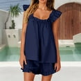 thumbnail image 2 of Women's Silk Pajama Set 2 Piece Sleeveless Ruffle Crop Top & Casual Shorts Loungewear Outfit (Dark Blue, Medium), 2 of 6