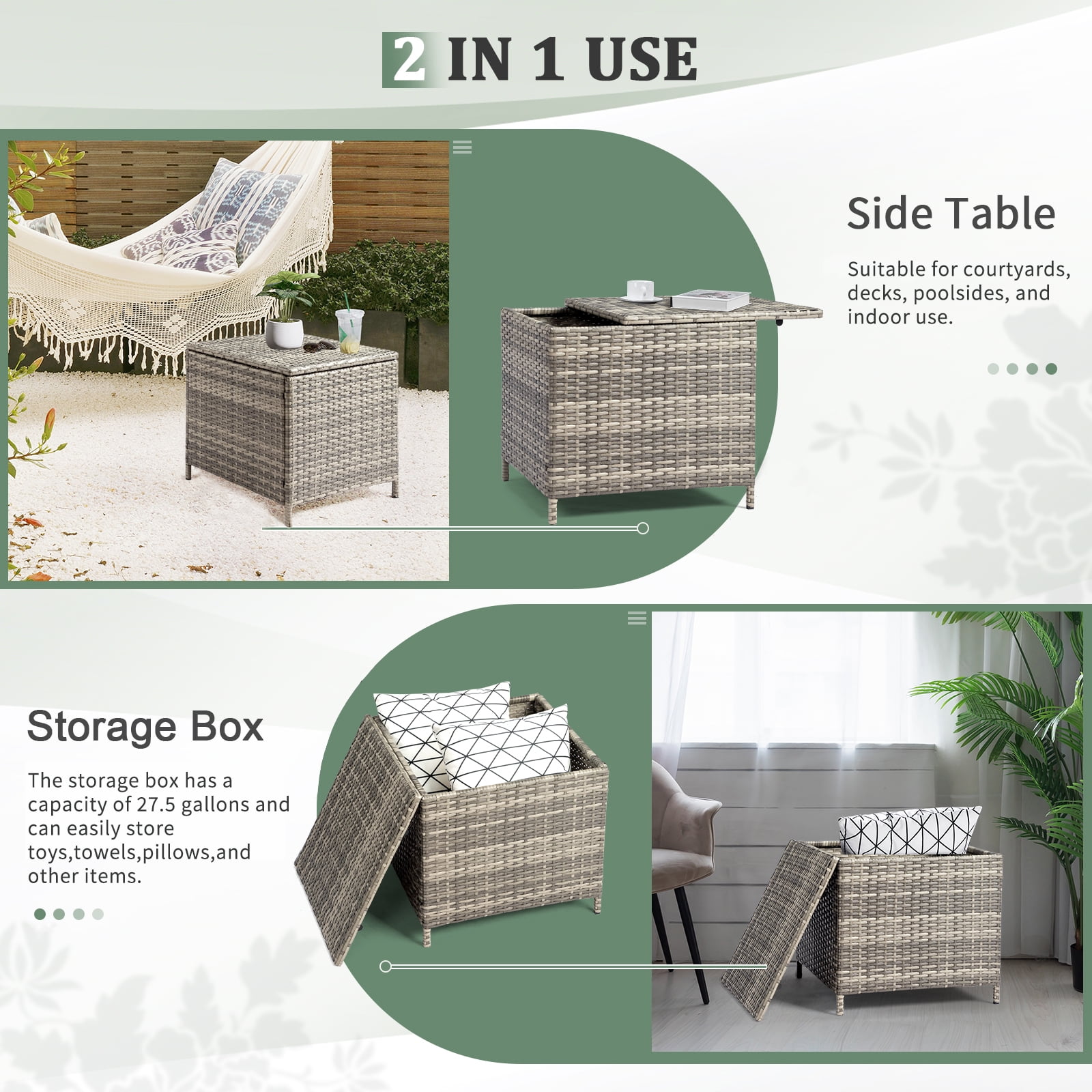 27-Gallon Outdoor PE Wicker Side Table with Storage, All-Weather, Dual-Function, Steel Frame, Grey