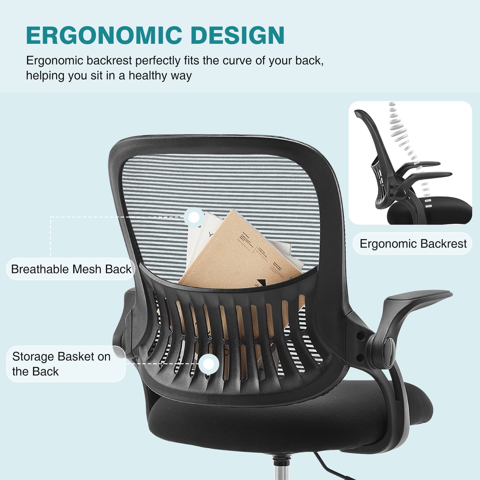 MCQ Office Chair, Ergonomic Home Mesh Office Desk Chairs, with Adjustable Armrests, Wheels and Mid-Back Task Chair with Lumbar Support, Black