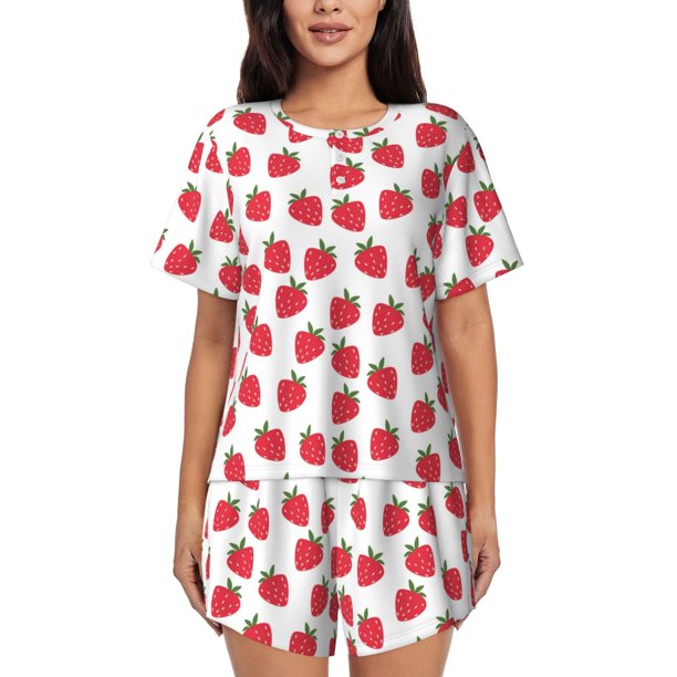Balery Cartoon Strawberry Conjunto de Pijama para Mujer con Estampado, Dos Piezas de Manga Corta y Shorts, Ropa de Dormir Suave con Cuello Redondo y Bolsillos-X-Large