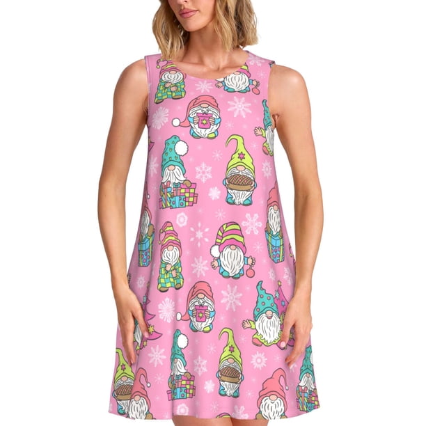 Easygdp pink Holiday Joy para Vestido Transpirable de Mujer, Vestido Suelto de Manga Corta con Pliegues y Bolsillos para el Verano