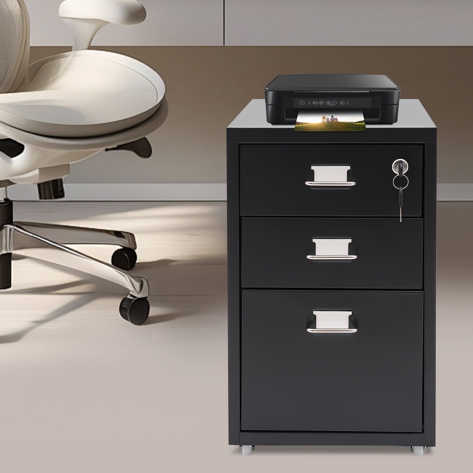 1* Vertical File Cabinet+ 2* Keys+ 4* Wheels, Black 3 Tiers Vertical File Cabinet, Metal Mobile File Cabinet with Lock, Filing Cabinet Under Desk