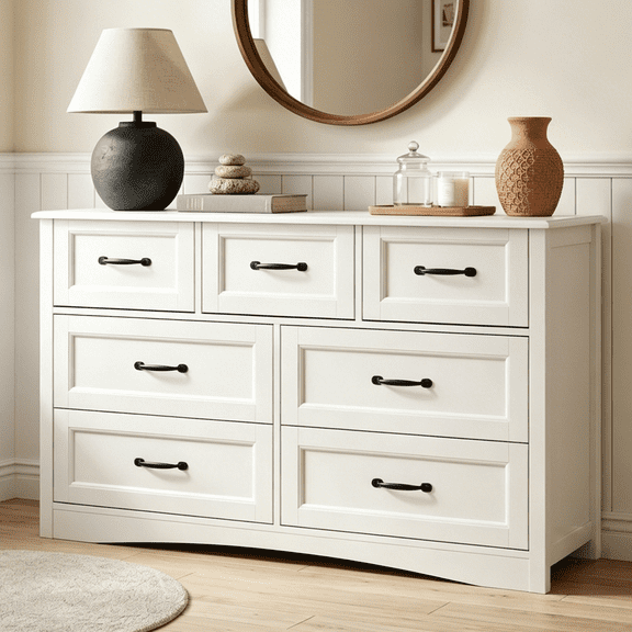 Lofka 7 Drawer Dresser for Bedroom, Wood Storage Chest with Black Handles & Arched Base
