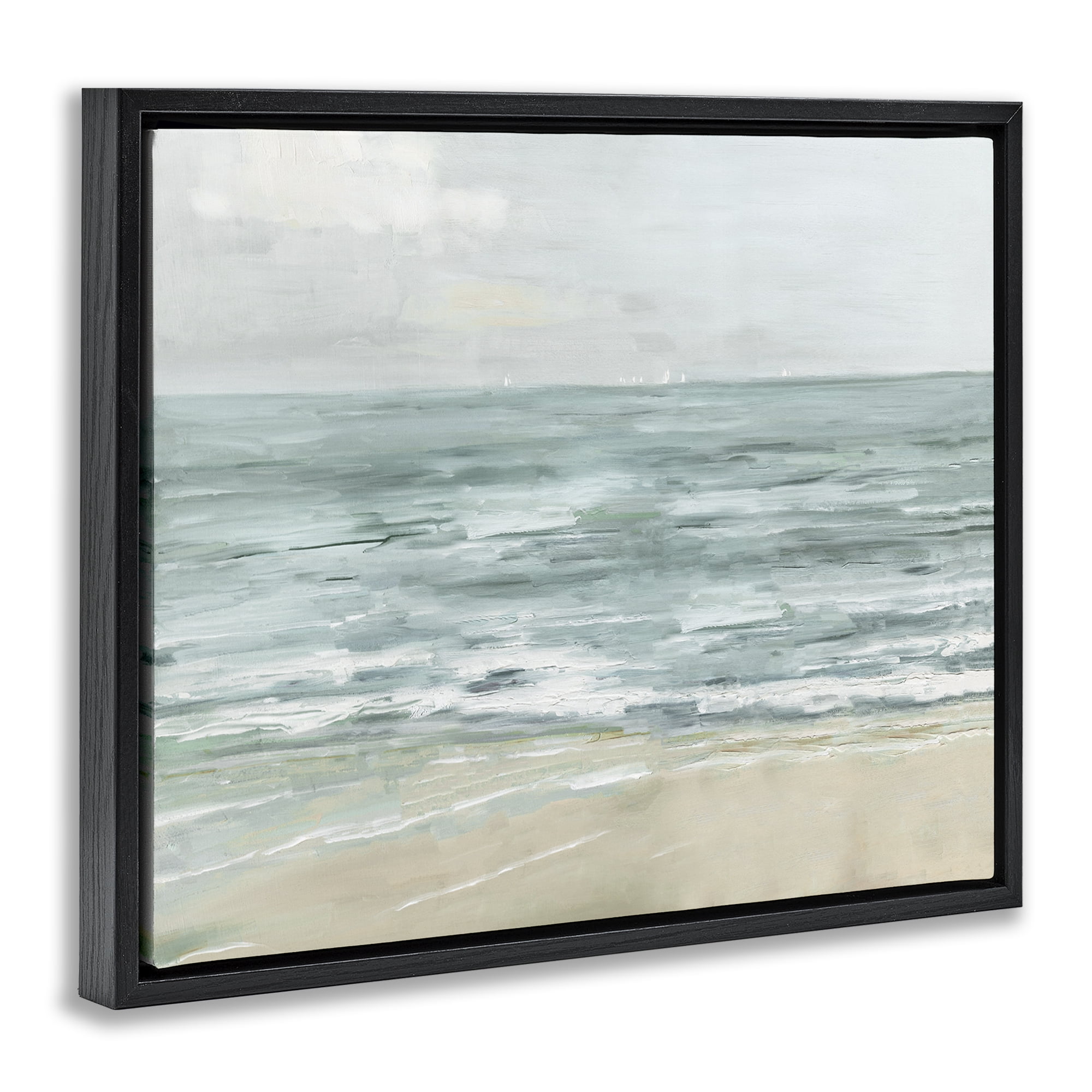 Stupell Industries Brushed Beach Waves Landscape Painting Black Floater Framed Canvas Art Print Wall Art, 21 x 17
