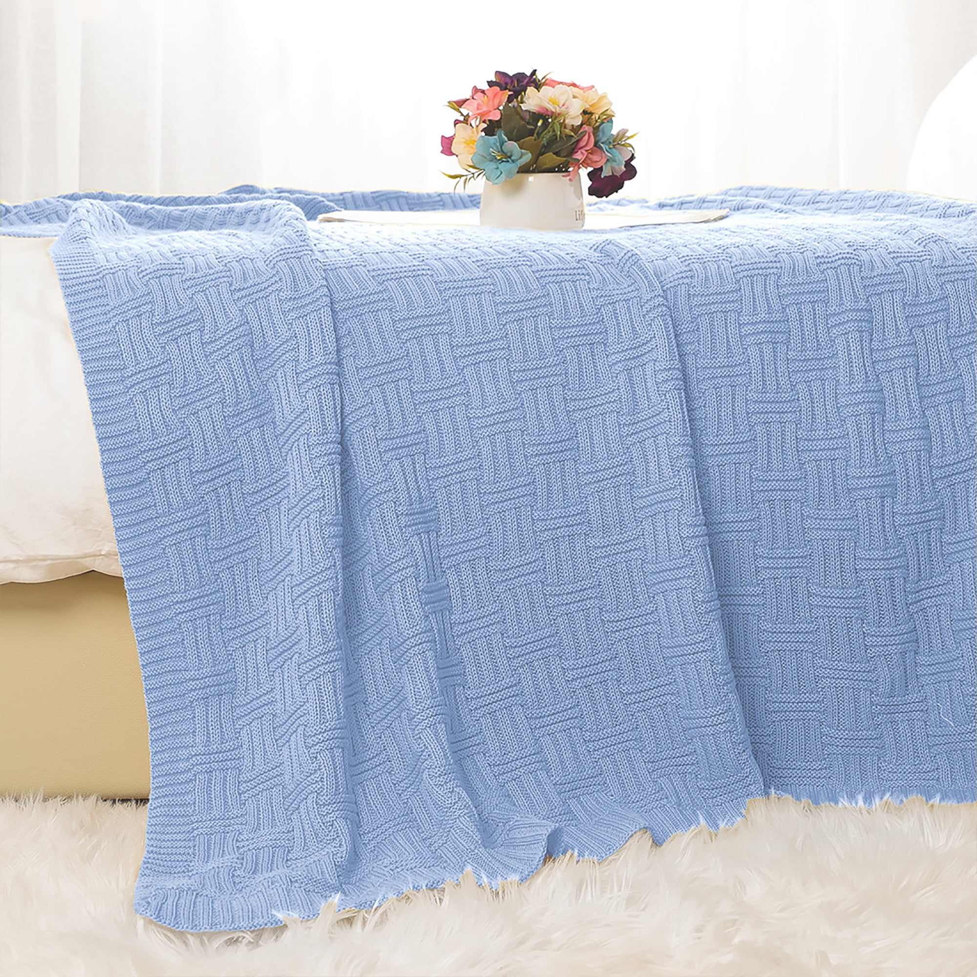 Super Soft 100% Cotton Cable Knit Throw Blanket for Sofa Couch Bed