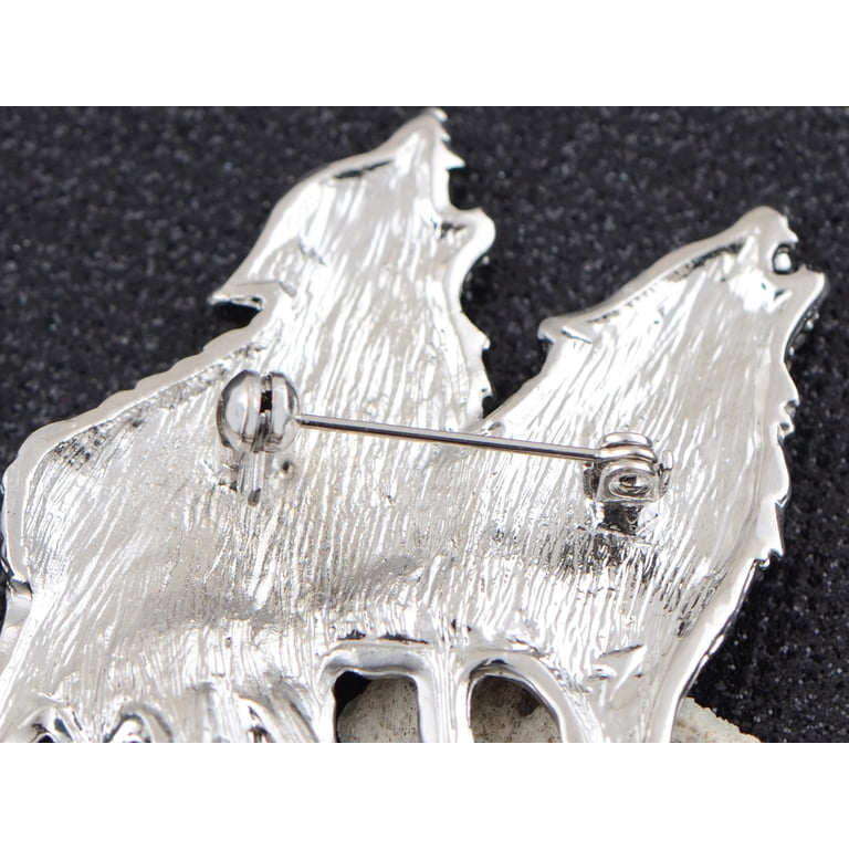 Alilang Howling Wolves Lapel Brooch Pin - Silvery Tone With Green Rhinestone Eyes, Animal Jewelry