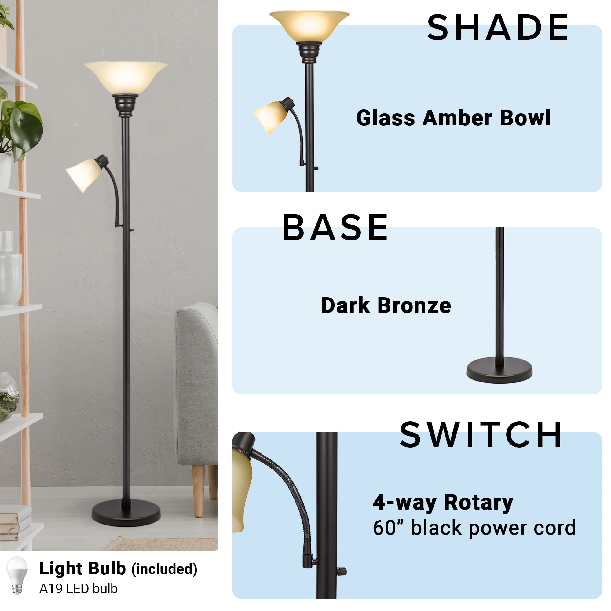 Catalina Lighting Kerrington 71'' Floor Lamp with Amber Glass Bell Shade Transitional Floor Light Fixture for Living Room, Bedroom or Office, Oil Rubbed Bronze