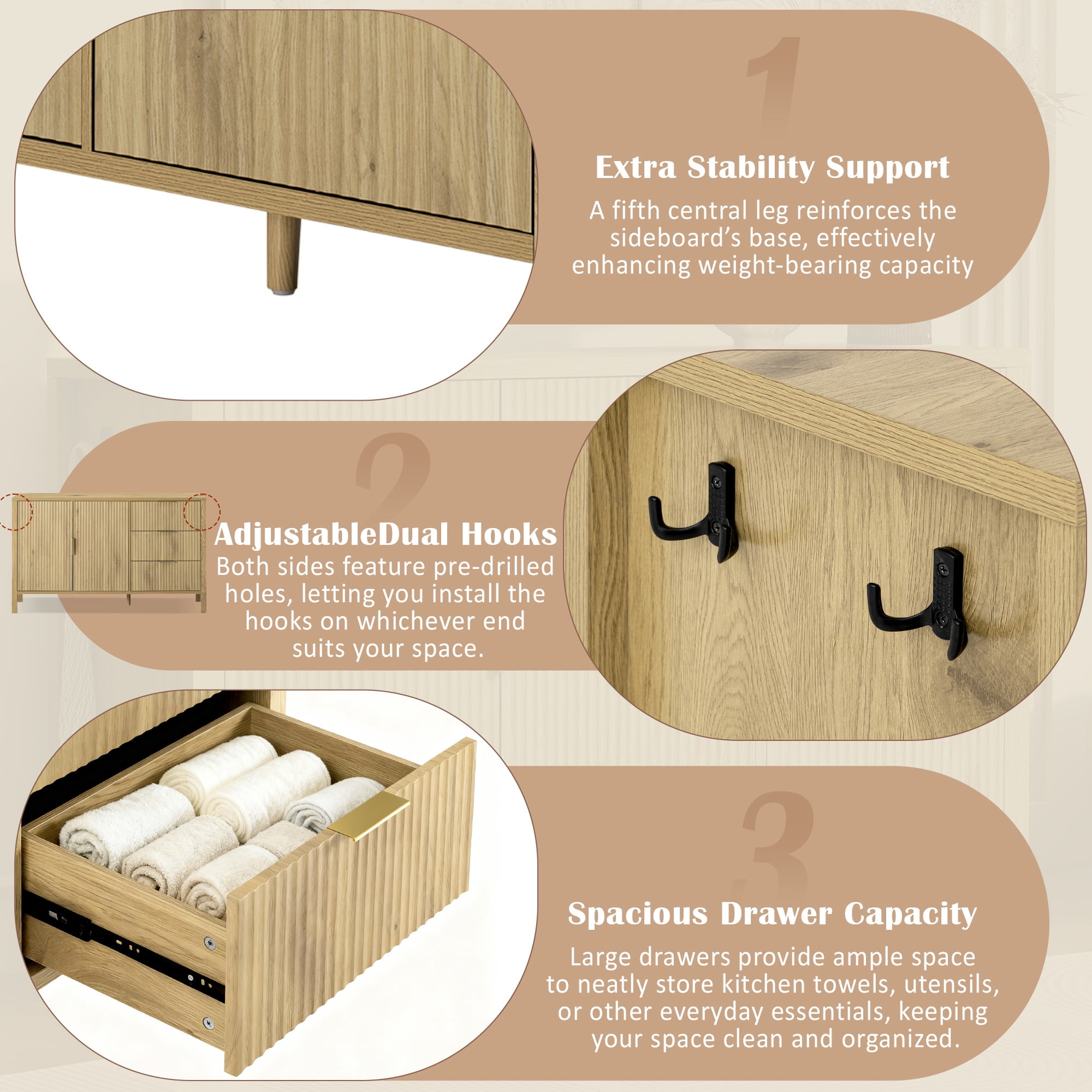 Modern Sideboard with 3 Drawers,Wave-Pattern Storage Buffet Cabinet with Hooks,for Kitchen Living Room,Dining Room