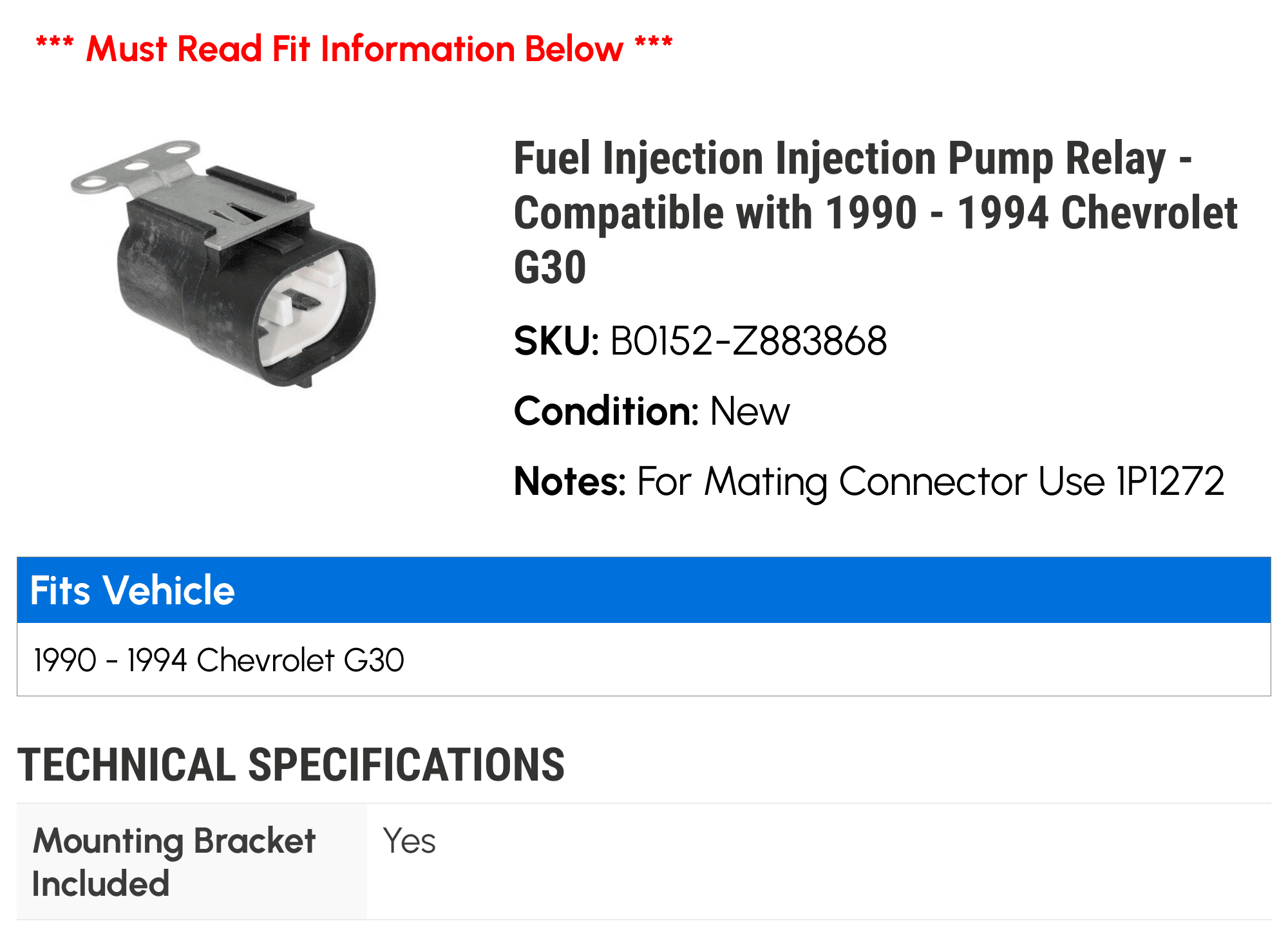 Fuel Injection Injection Pump Relay - Compatible with 1990 - 1994 Chevy G30 1991 1992 1993