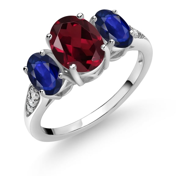 Gem Stone King 10K White Gold Red Rhodolite Garnet Blue Sapphire and White Lab Grown Diamond 3 Stone Engagement Ring for Women (5.04 Cttw, Gemstone Birthstone, Size 8)