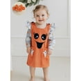 thumbnail image 5 of Loicainy Infant Baby Girl Halloween Outfit 3 6 12 18 Months Pumpkin Ruffle Long Sleeve Romper Overall Dress Headband 3 Piece Clothes Set, 5 of 8