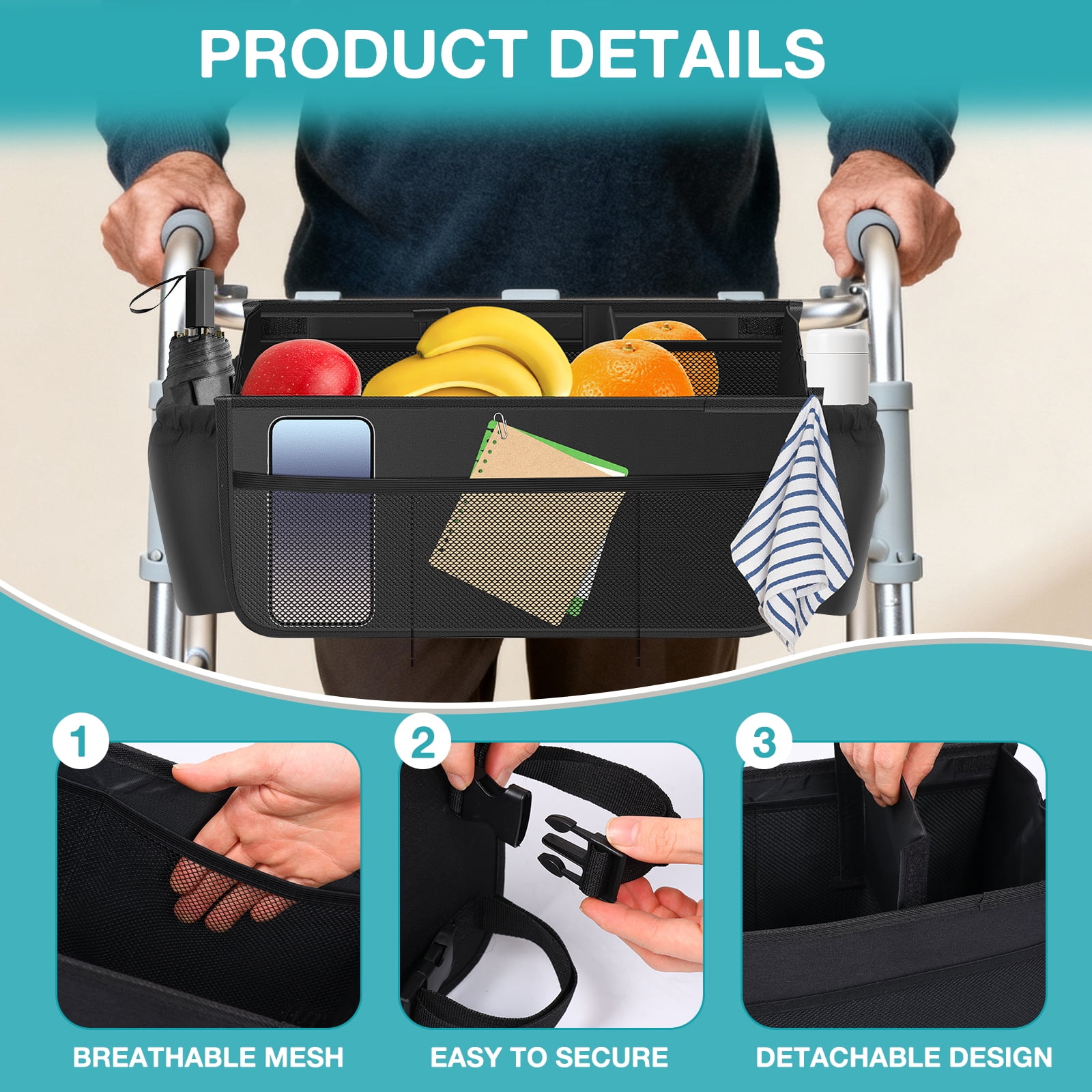 Upgrade Walker Basket with Cup Holder Foldable Walker Storage Bag for Seniors with Big Capacity & Never Tipping Over