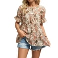thumbnail image 1 of Blusa casual color caqui con mangas cortas y cuello redondo para mujer, talla L Camisa con volantes florales, 1 of 6