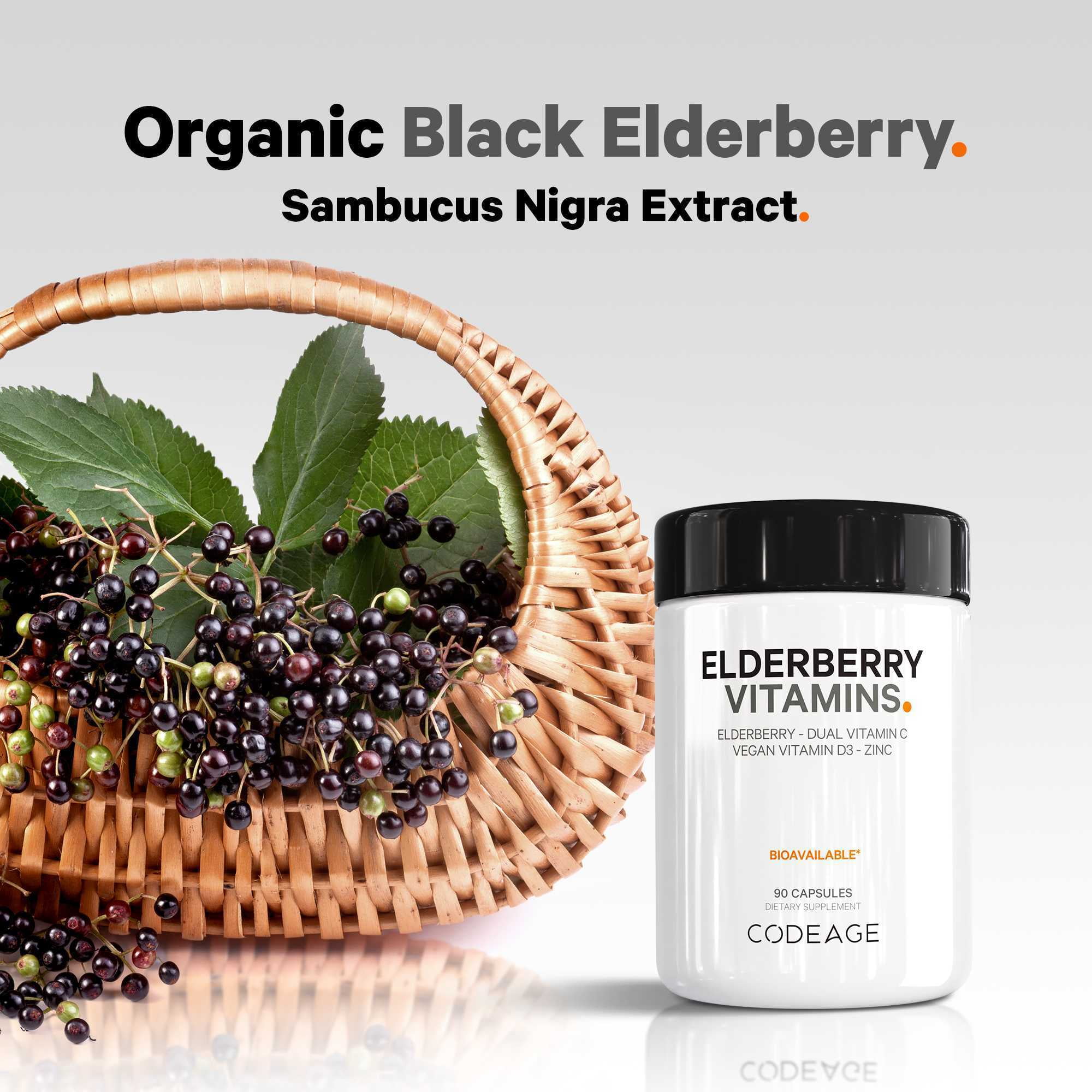 Codeage Organic Black Elderberry Blend, Vitamin C, Vegan D3 5000 IU, Zinc, Sambucus Berries Flavonoid, 90 ct