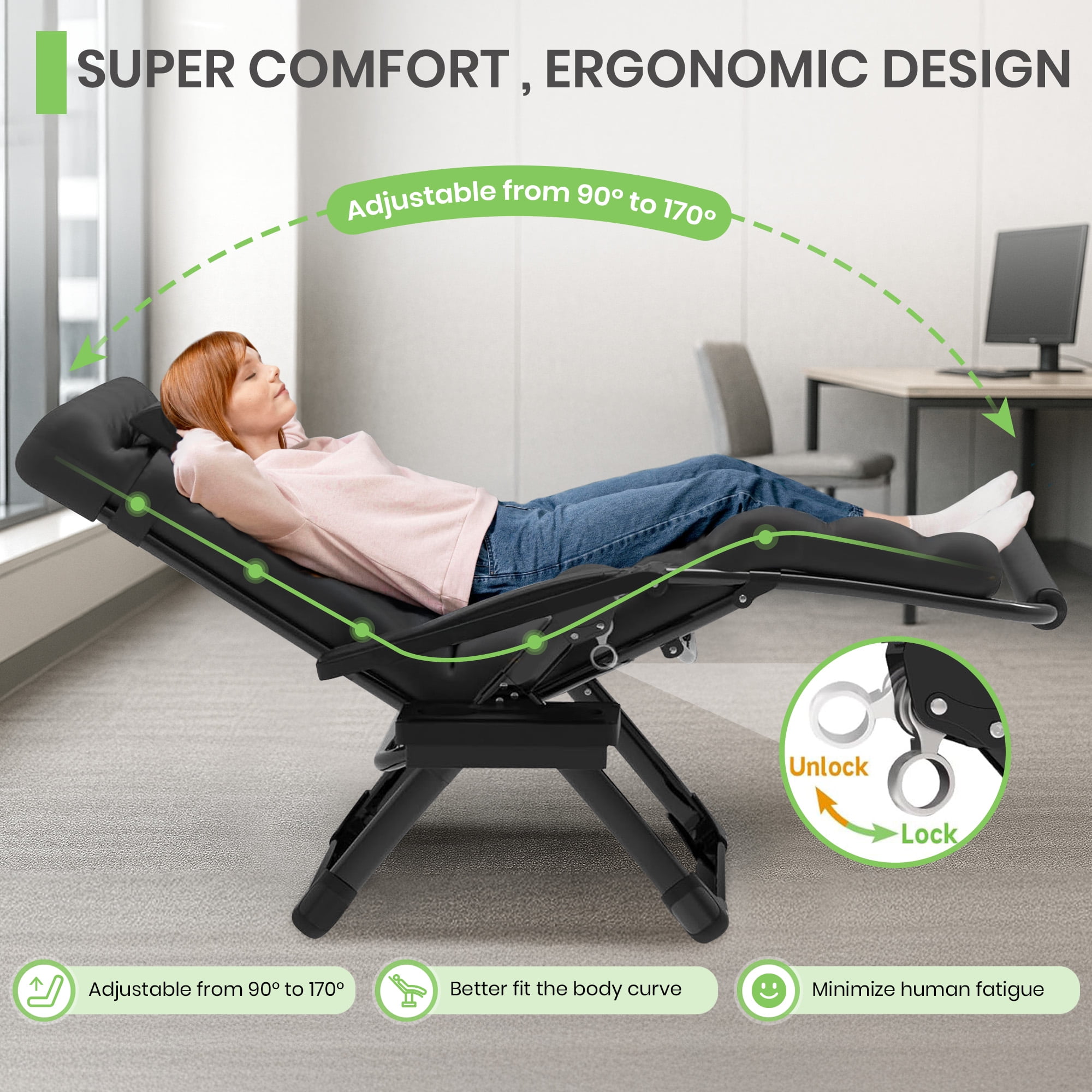 GVDV Oversized Zero Gravity Chair, 33In XXL Lounge Chair 500lbs Capcity with Removable Thick Cushion, Lawn Patio Reclining Chair Upgraded Alloy Lock and Cup Holder, for Indoor Outdoor, Black
