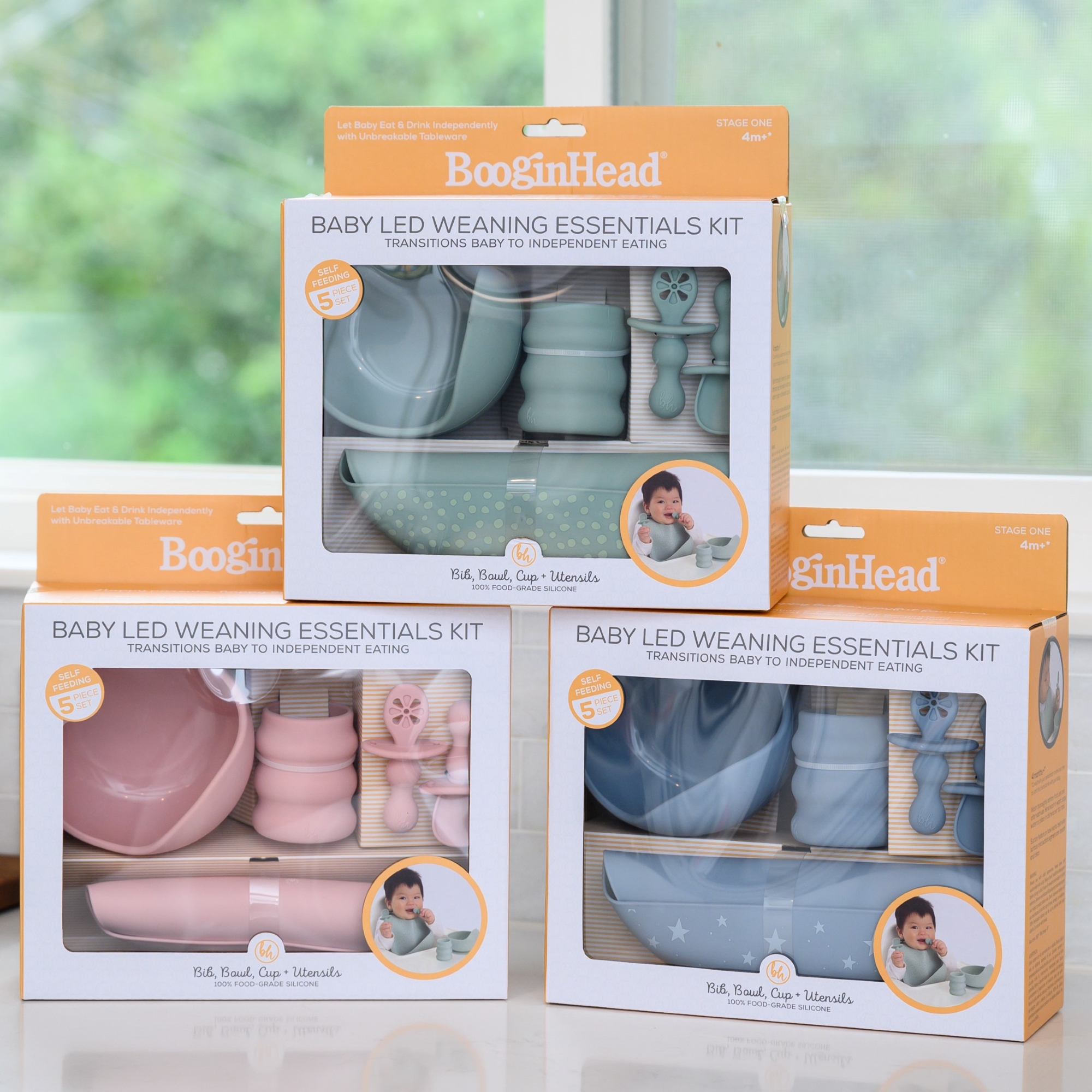 BooginHead 5-Piece Baby-Led Weaning Silicone Tableware, Infants and Toddler Boys and Girls, 4-Way In-Store Display Pink Blue Green