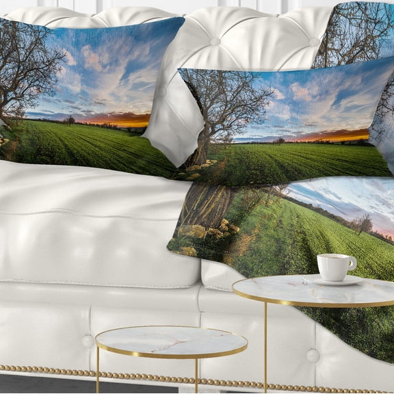 Designart Green Pasture under Blue Sky - Landscape Printed Throw Pillow - 12x20