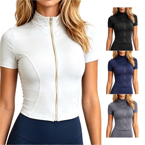 xfsWaSs Women's Workout Tops Short Sleeve Full Zip Running Jacket Stand Collar Slim Fit Yoga Fitness Sports Jackets Activewear