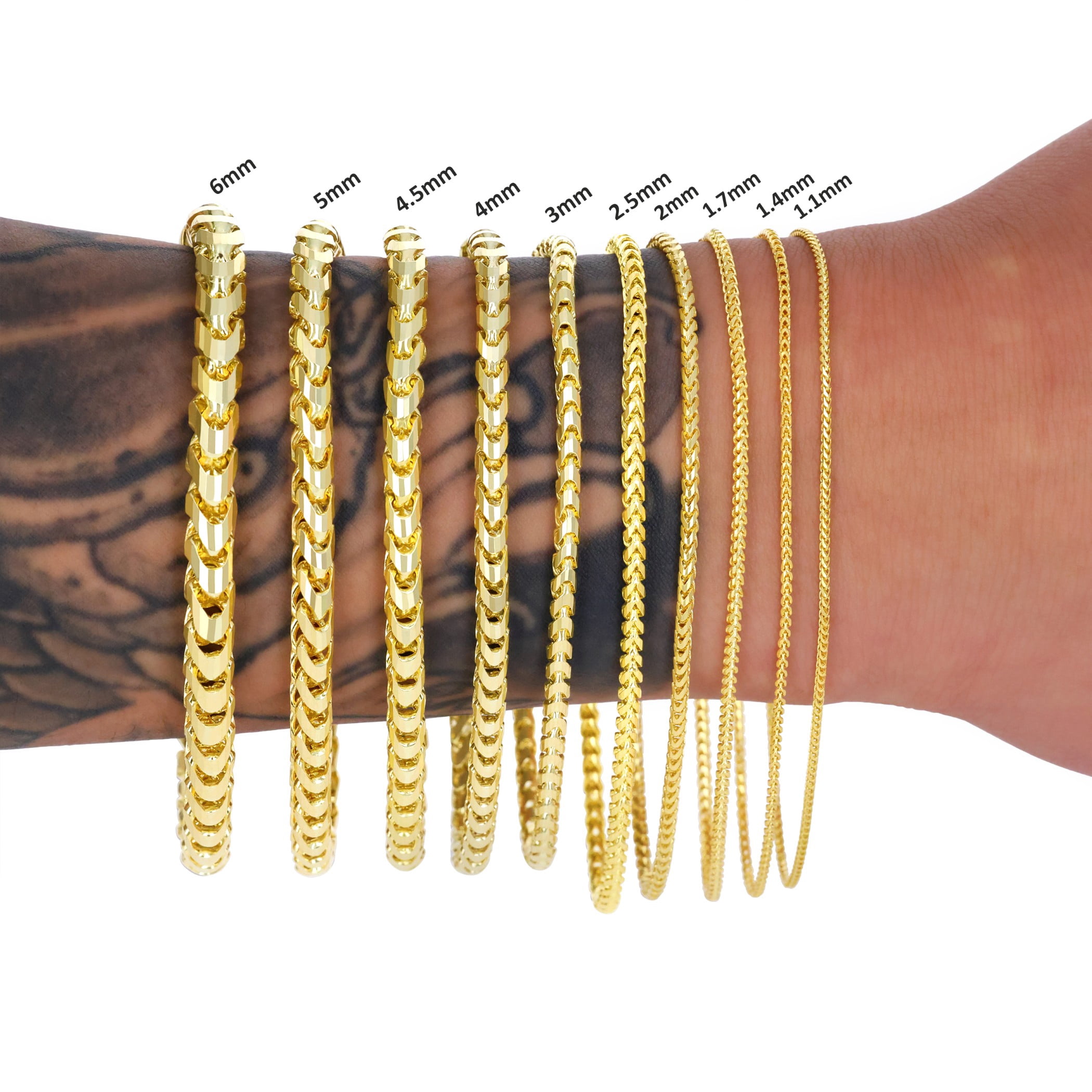 Nuragold 14K Real Yellow Gold Solid Franco Diamond Cut Chain Bracelet 7"-9" (1.1mm-6mm) Italian Jewelry for Men & Women