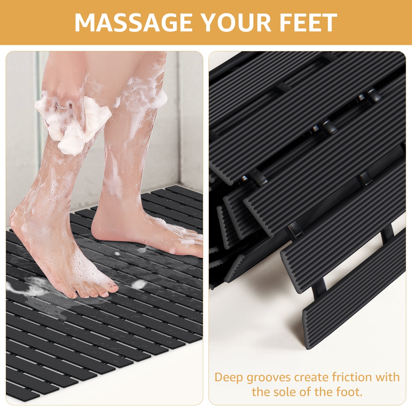 Yolife Extra Large PVC Shower Mat, 35.4x24 inch Non-Slip Bath Mat with Quick Drain, No Suction Cups, Easy to Cut & Store for Tub, Stall, Spa,Black