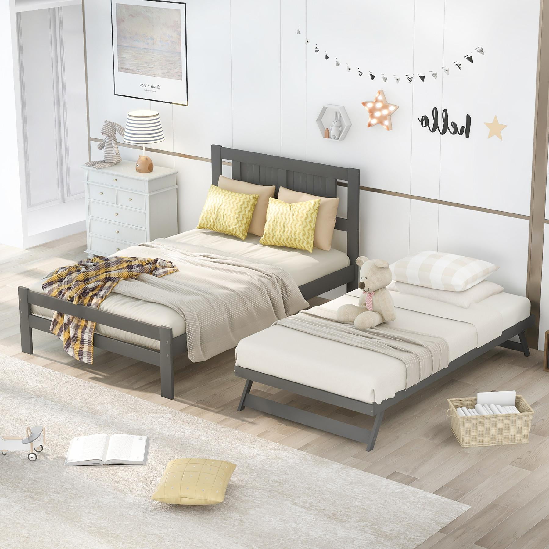 Platform Bed Frame Full Size, Wooden Bed with Adjustable Trundle and