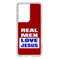thumbnail image 1 of DistinctInk Clear Shockproof Hybrid Case for Galaxy S21 ULTRA 5G (6.8" Screen) - TPU Bumper, Acrylic Back, Tempered Glass Screen Protector - Red Blue Real Men Love Jesus - Love of Christ, 1 of 2