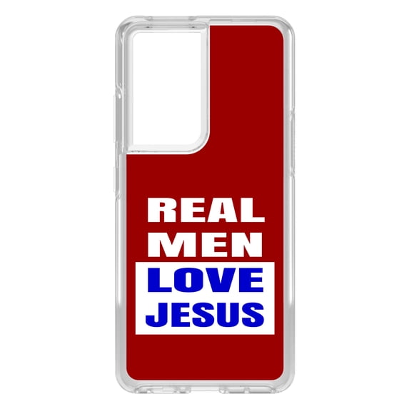 DistinctInk Clear Shockproof Hybrid Case for Galaxy S21 ULTRA 5G (6.8" Screen) - TPU Bumper, Acrylic Back, Tempered Glass Screen Protector - Red Blue Real Men Love Jesus - Love of Christ