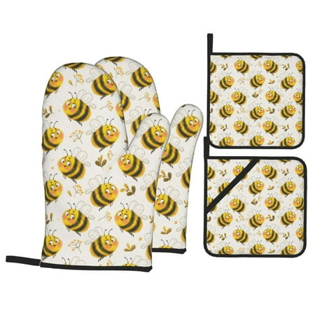 

Oven Mitts and Pot Holders Sets 4 pcs cute cartoon bees funny Non-Slip Oven Gloves Potholders Soft Quilted Lining Heat Resistant Gloves Hot Pads for Kitchen Cooking Baking