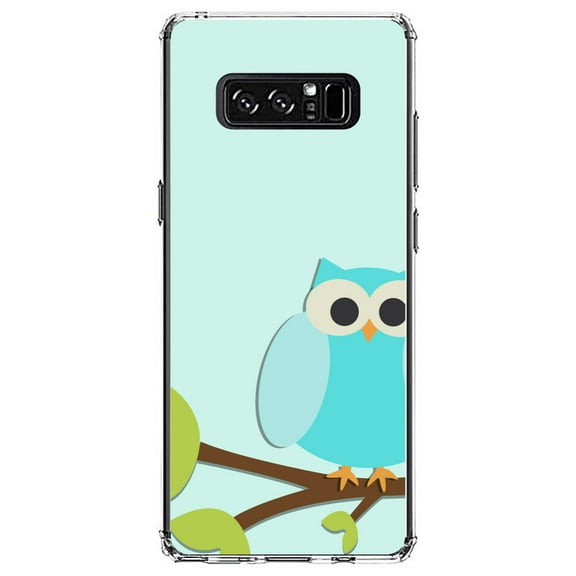 DistinctInk Clear Shockproof Hybrid Case for Samsung Galaxy Note 8 - TPU Bumper, Acrylic Back, Tempered Glass Screen Protector - Blue Owl Cartoon - Cartoon Owls
