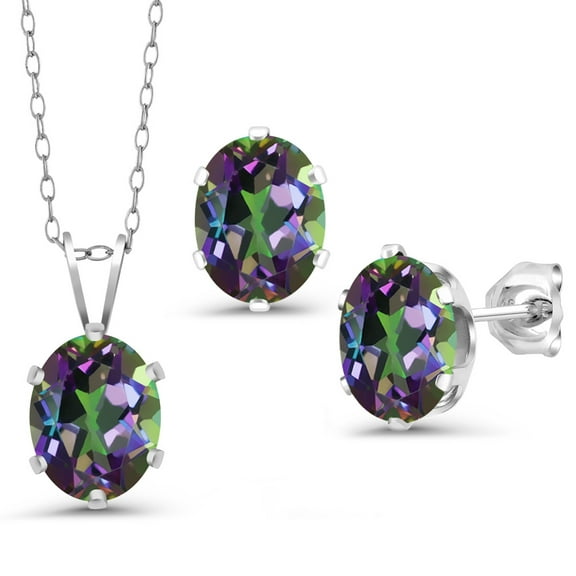 Gem Stone King 925 Sterling Silver Green Mystic Topaz Pendant Earrings Set for Women (3.90 Cttw, Gemstone Birthstone, Oval 8X6MM, With 18 inch Chain)