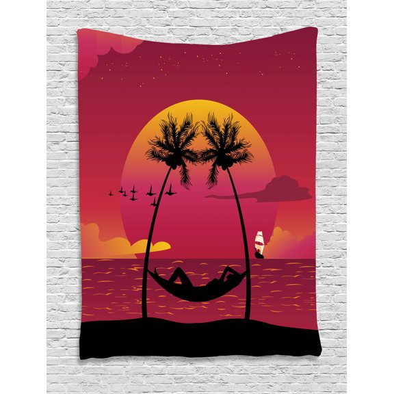 Island Tapestry, Girl Lying Down in a Hammock Caribbean Coast Relax Vacation Sunset, Wall Hanging for Bedroom Living Room Dorm Decor, 60W X 80L Inches, Dark Coral Orange and Black, by Ambesonne