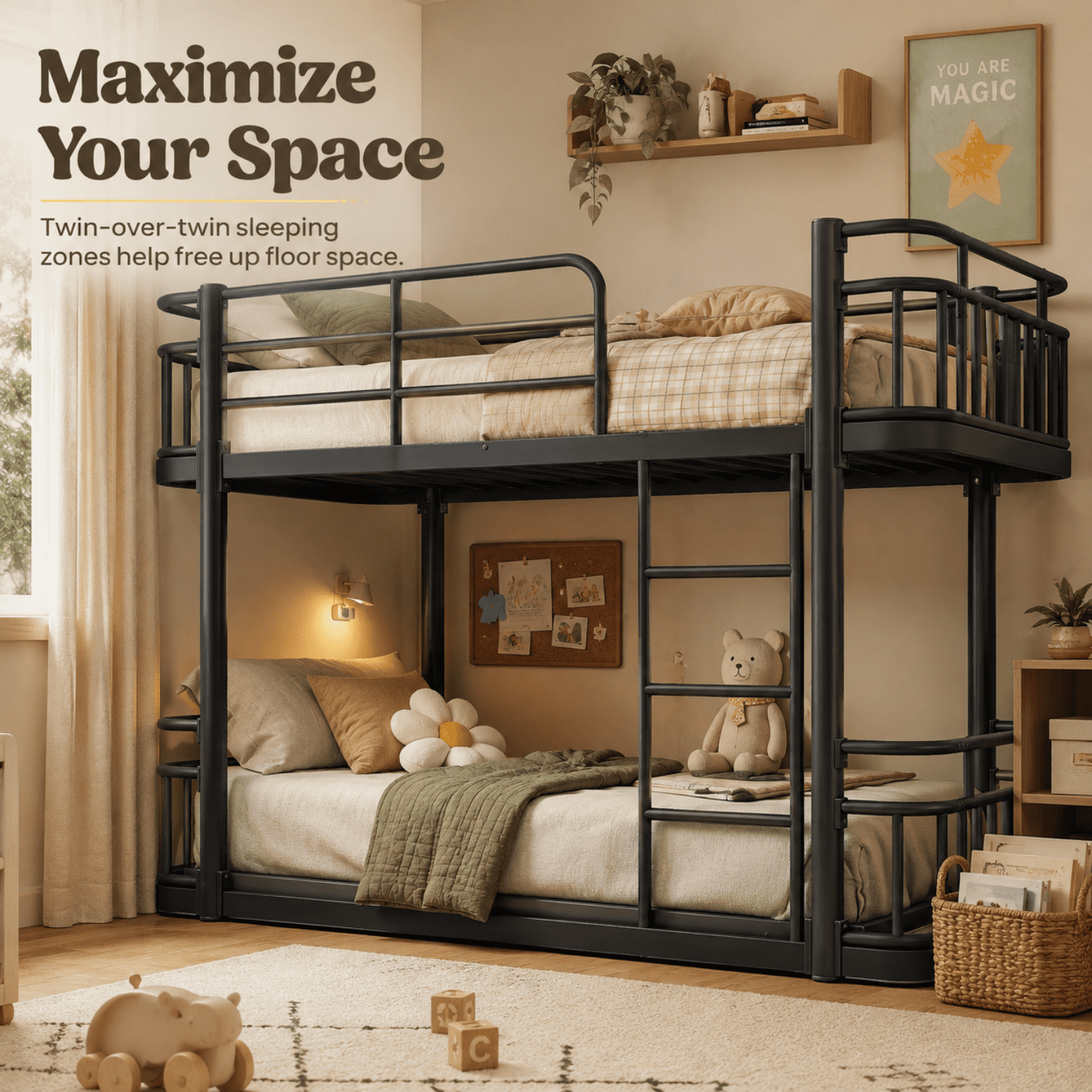 Miniyam Twin Over Twin Metal Bunk Bed with 16.5" Guardrails, Built-In Ladder and Metal Slats, Black
