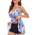 thumbnail image 2 of Traje de baño para mujer, 2 piezas, control de barriga, lazo frontal, cuello en V, estampado elástico, trajes de baño, falda con pantalones cortos, rosa, azul, hoja S, 2 of 6