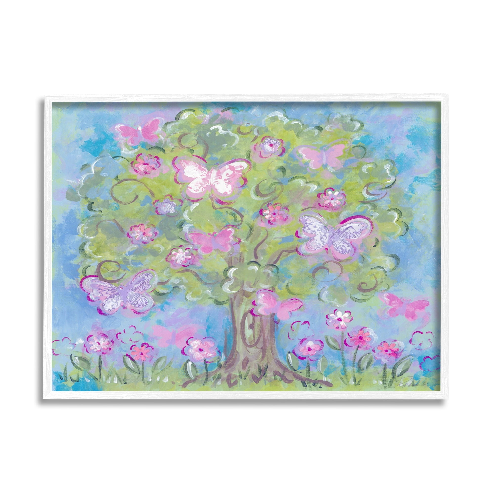 Stupell Industries Pastel Butterfly And Trees Paintings White Framed Art Print Wall Art, 24x30, by Reesa Qualia