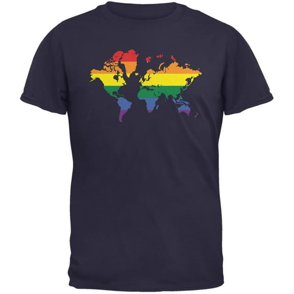 LGBT Rainbow World Map Navy Adult T-Shirt - X-Large