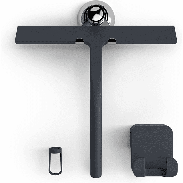 Escobilla de Ducha con Soporte de Ventosa - 28 cm Negro - Escobilla de Limpiacristales para Baño - Gancho para Ventana de Silicona INOX Incluido Accesorios de Ducha Equipo de Limpieza del Hogar