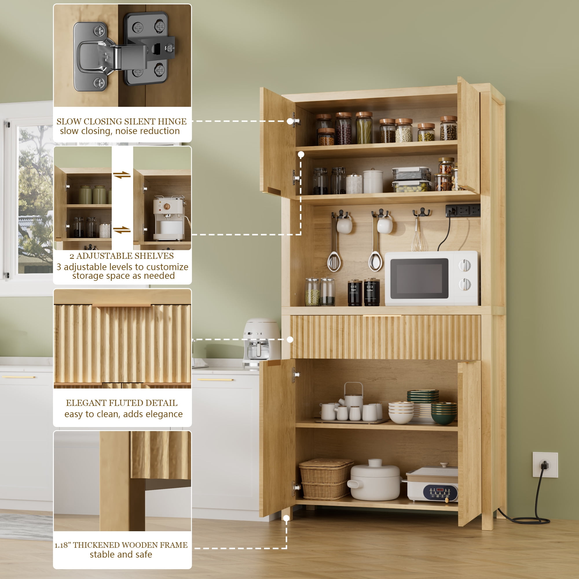GIKPAL Pantry Cabinet with Charging Station, Fluted Kitchen Pantry Storage Cabinet with Shelves and Drawer, Boho Kitchen Hutch with Microwave Stand for Dining Living Room, Natural Oak