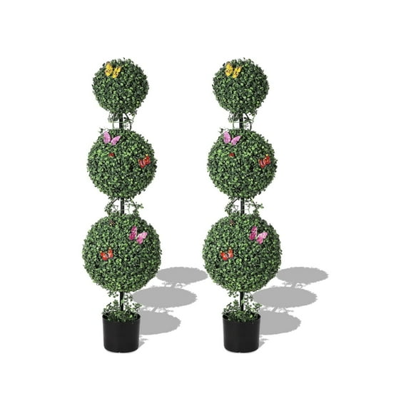 Home Decor 4 FT Artificial Triple Ball Topiary Trees, Artificial Plants Outdoor with Vines & Insects Decoration, Topiary Balls Trees for Home Offices Porch Decor, Set of 2