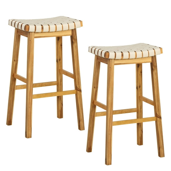 Costway Woven Saddle Stools Set of 2 31" Faux PU Leather Bar Height Kitchen Stool